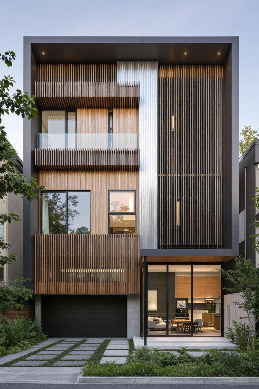 Modern facade featuring vertical wood slats and sleek glass