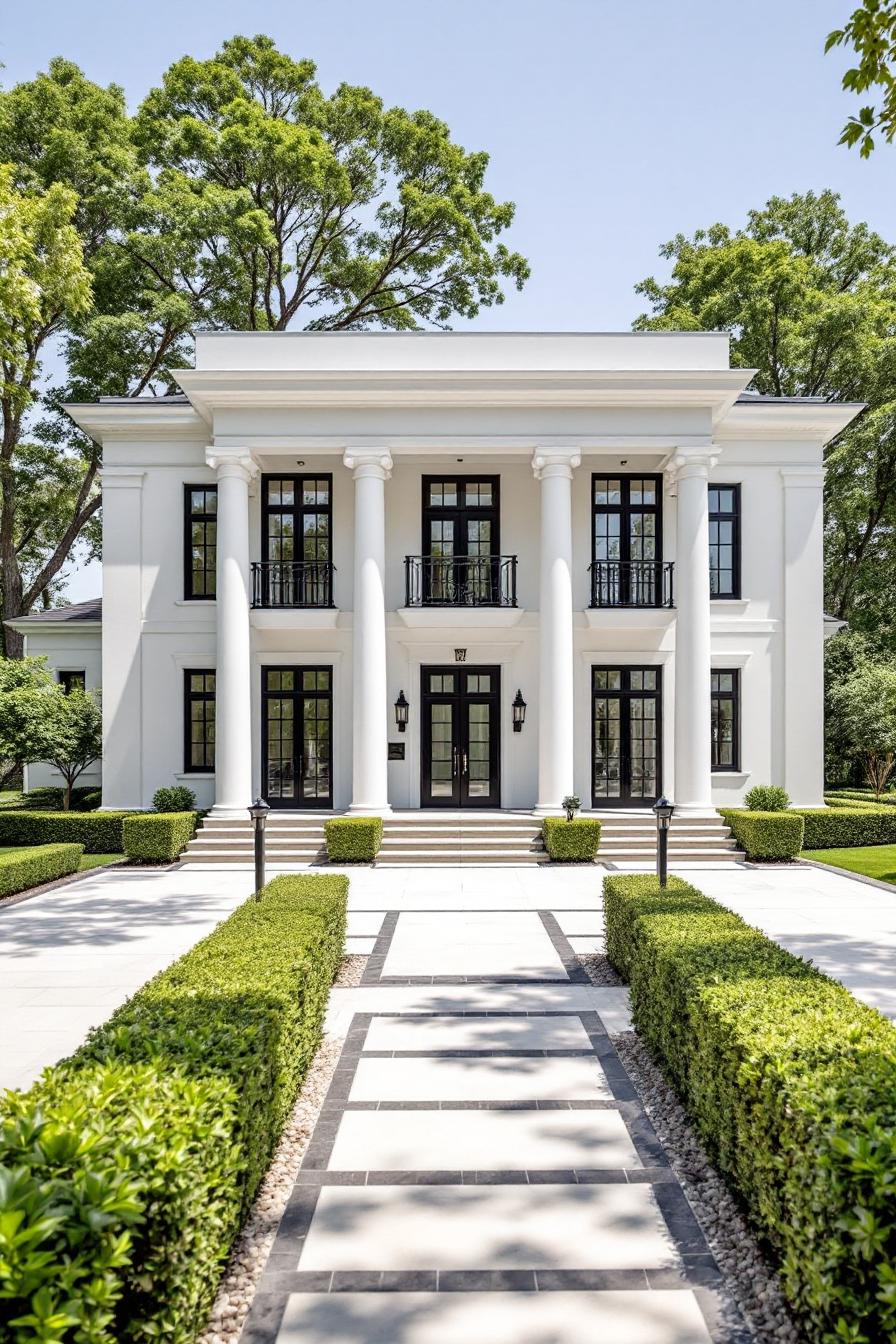 Stunning modern neoclassical house with columns and hedge-lined walkway