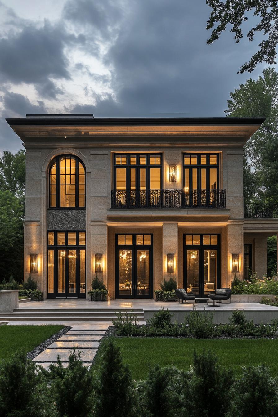 Modern neoclassical house glowing at dusk