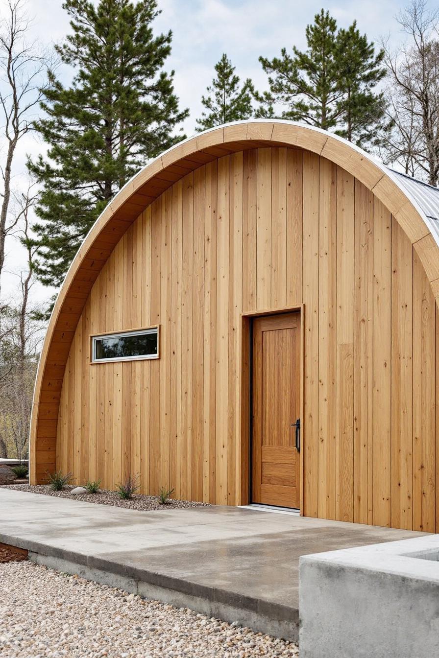 Wooden arched cabin set amidst tall trees