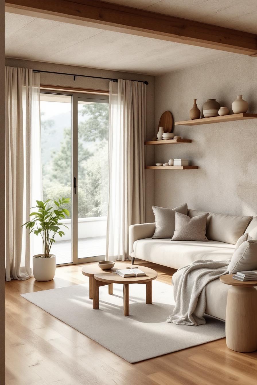 Minimalist living room with soft beige tones and wooden accents