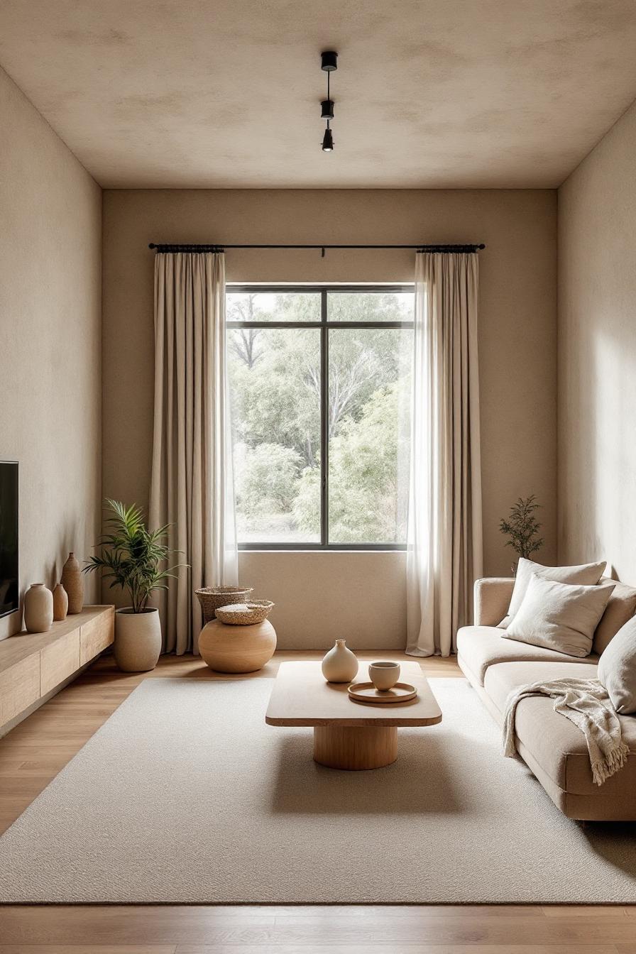 Minimalist living room with neutral tones and large window