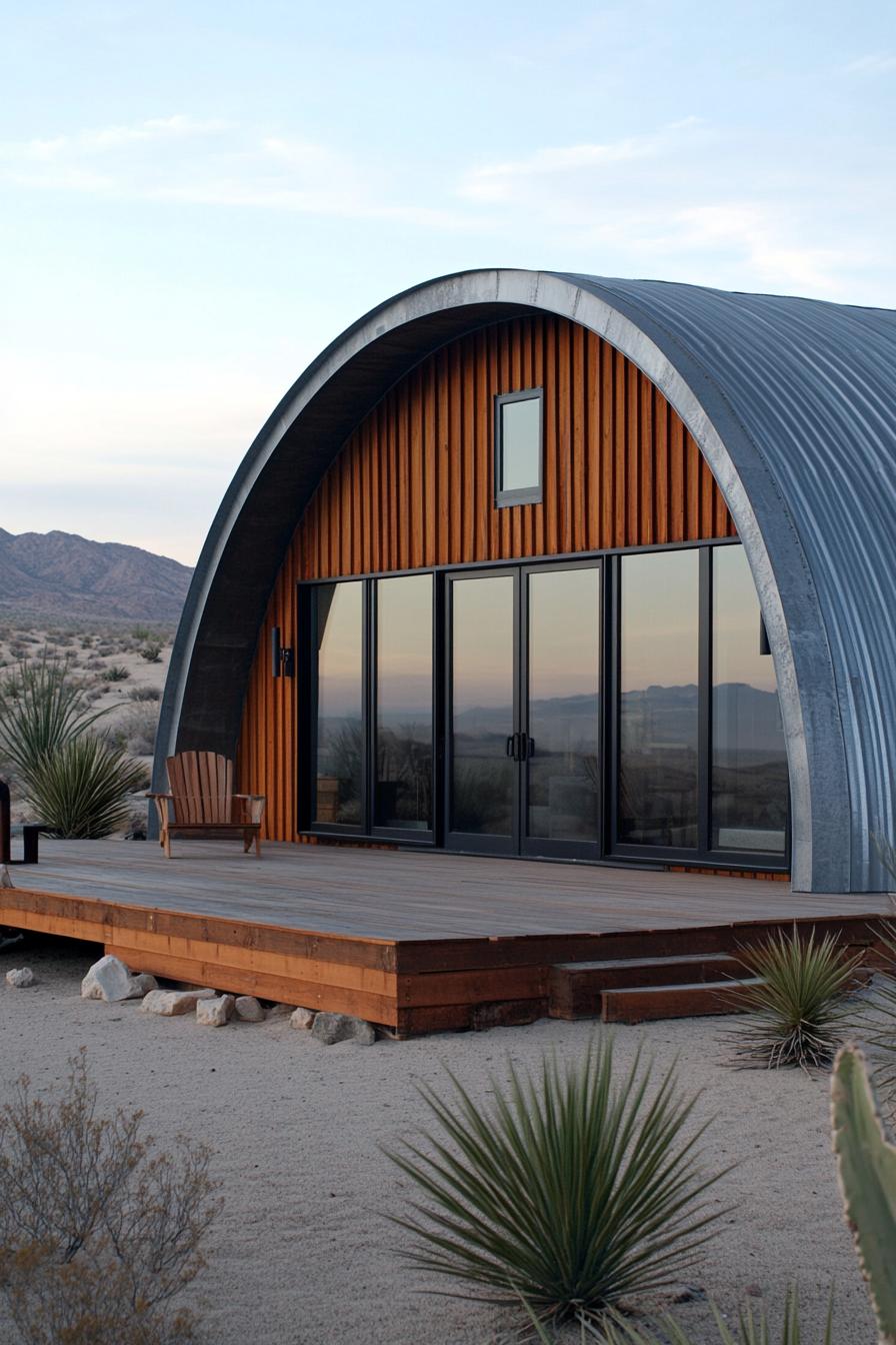 Desert Quonset hut with metal roof and rustic deck