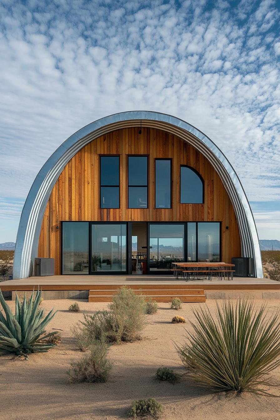 Quonset hut with wood facade and desert view