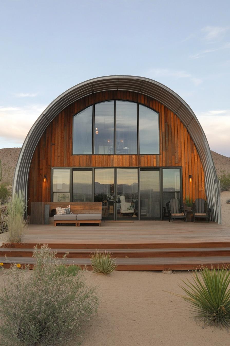 Quonset hut home with a wooden deck nestled in the desert