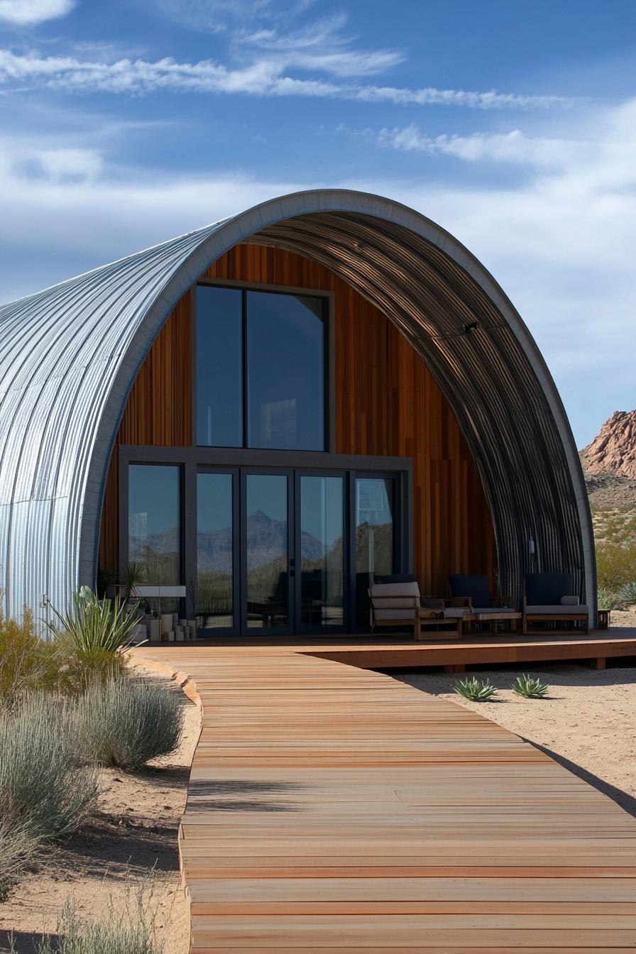 Wooden and metal Quonset hut house in the desert with a boardwalk leading to it