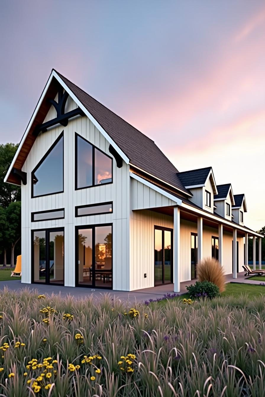 Modern ranch house with large windows and pitched roof