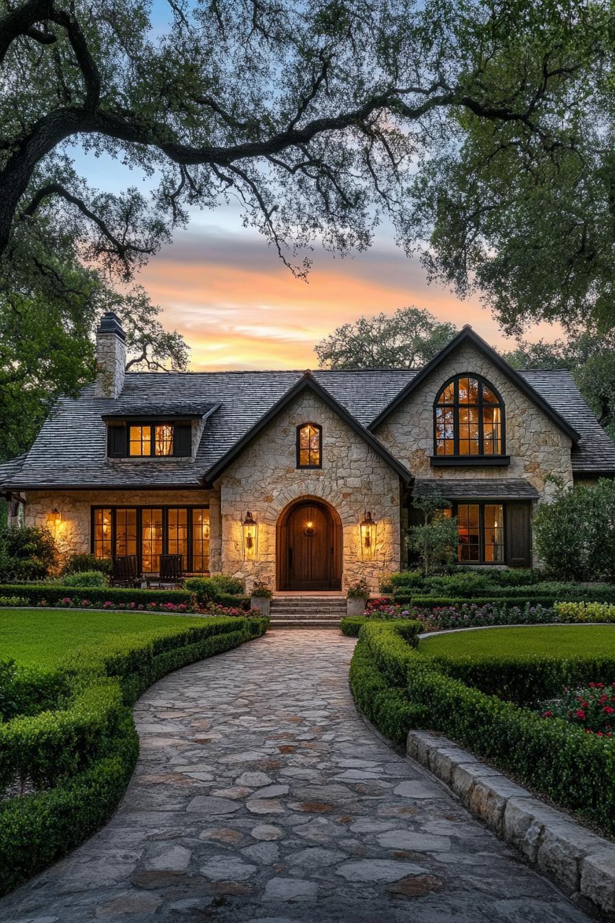 Charming stone farmhouse with arched windows and lush landscaping