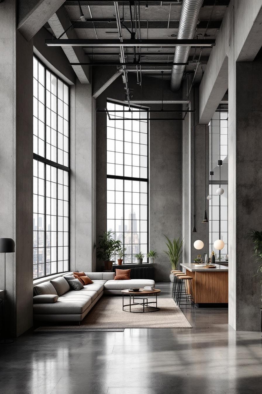 Spacious loft with floor-to-ceiling windows and modern decor