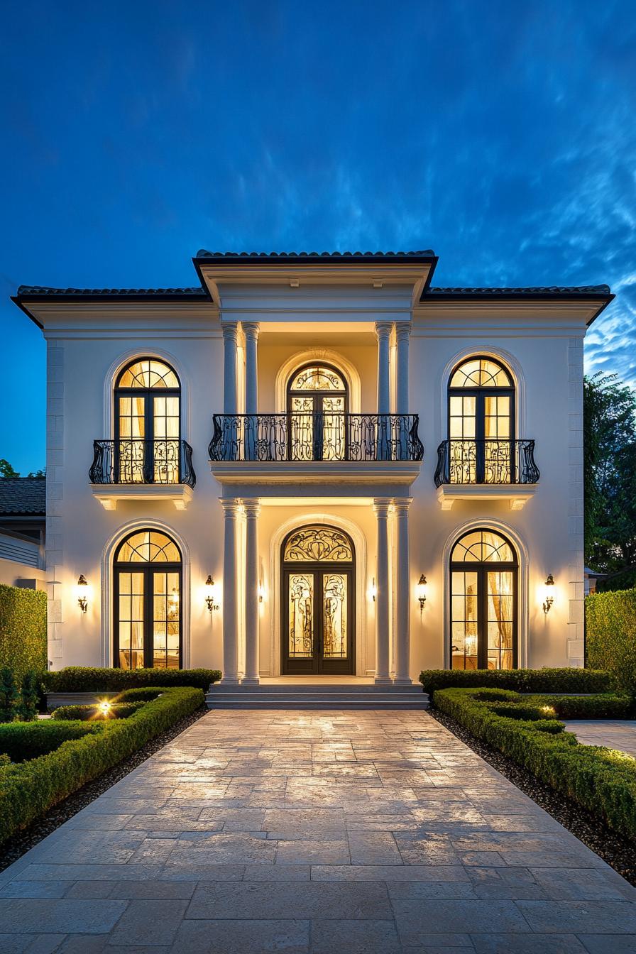 Illuminated classical-style house at night