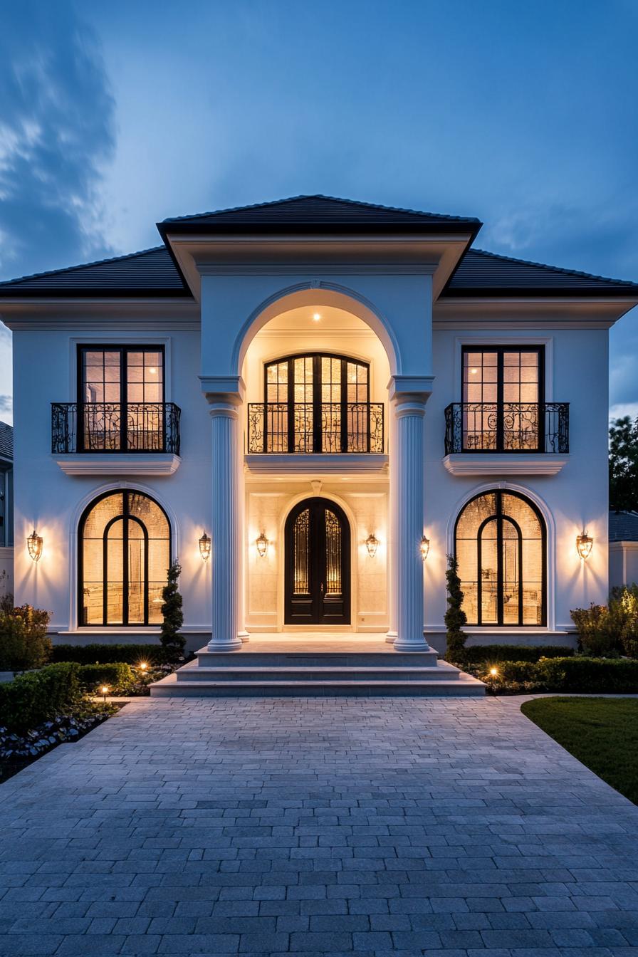 Elegant white mansion with arched windows and grand columns