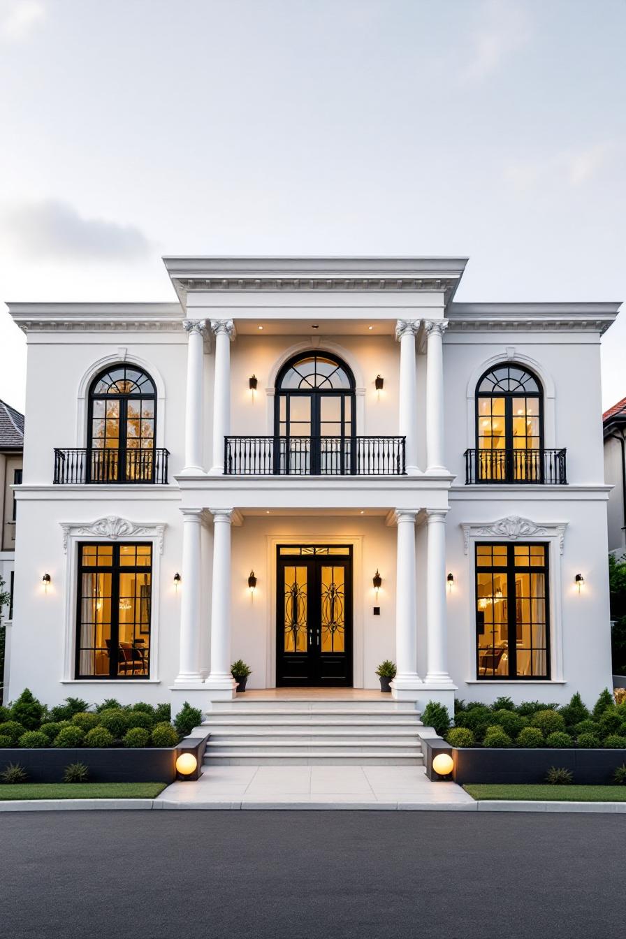 Elegant white mansion with tall columns and arched windows