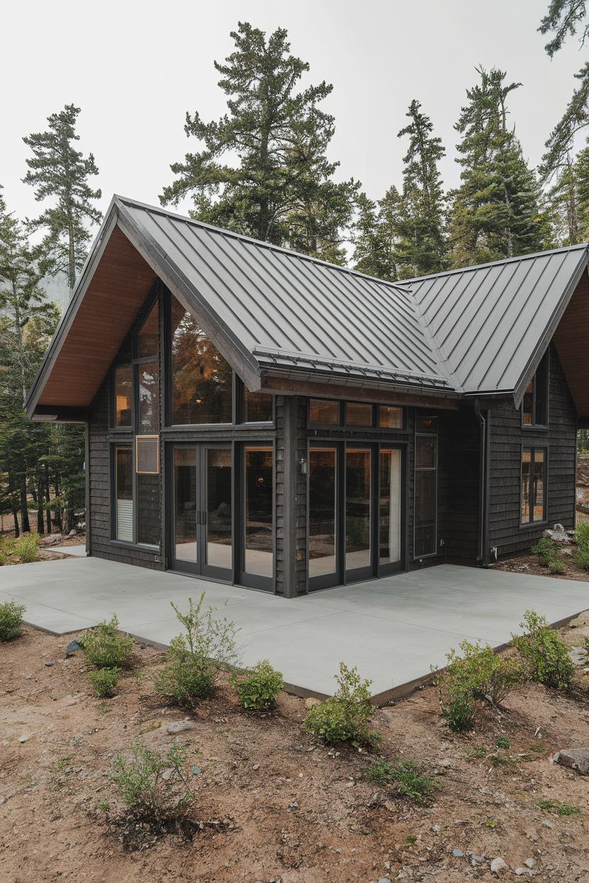 Contemporary cabin with sharp roof and glass walls