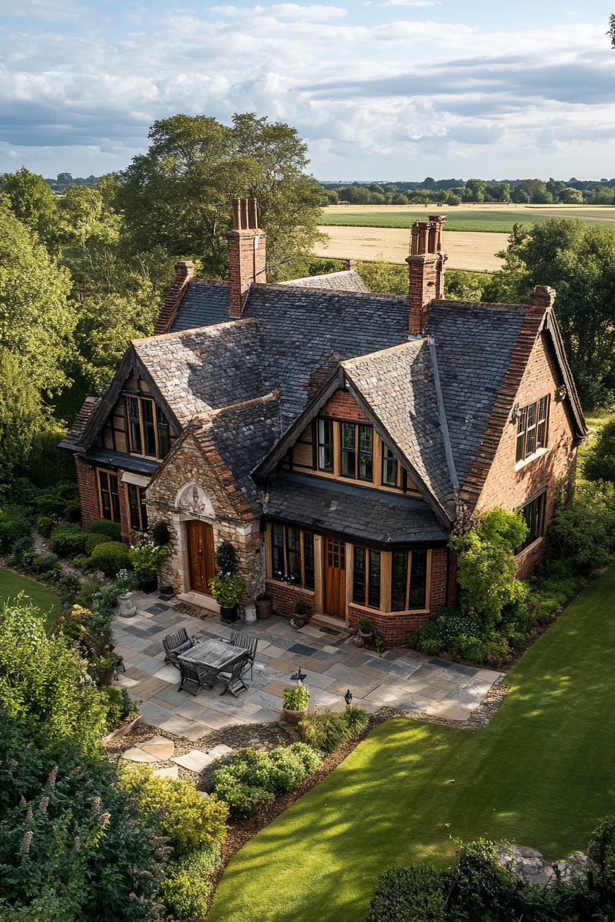 Charming brick house surrounded by lush greenery