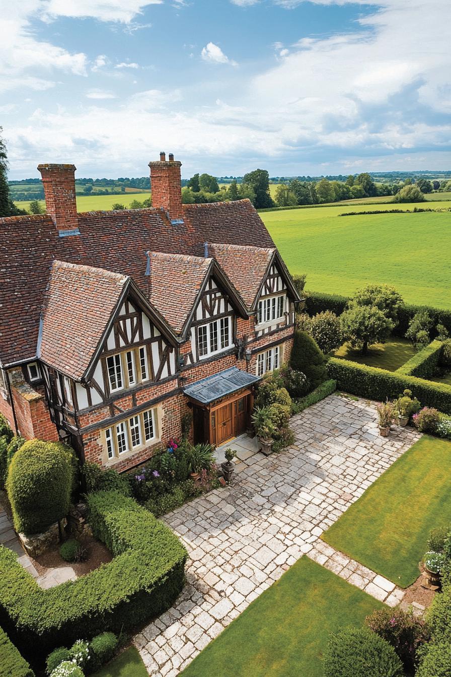 Quaint Tudor manor surrounded by manicured gardens