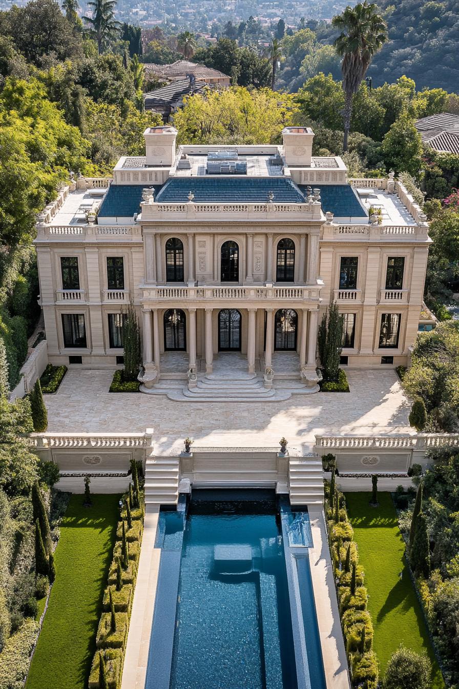 Luxurious mansion with grand columns and a large pool