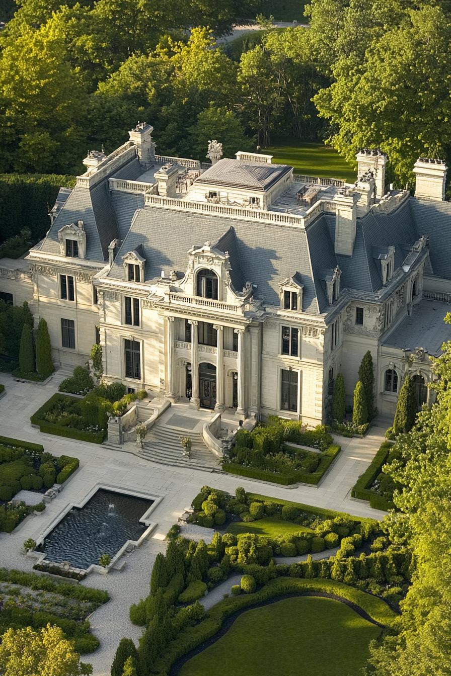 Aerial view of a grand mansion surrounded by lush greenery