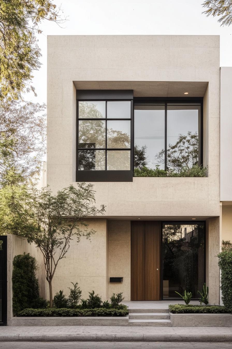 Simple beige townhouse with large square windows