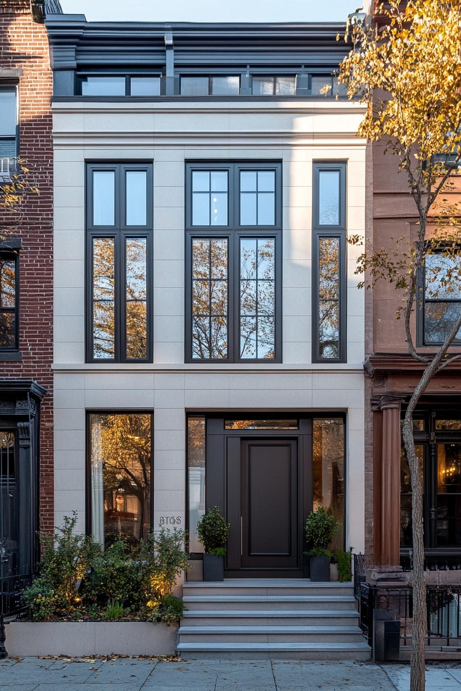 Modern townhouse facade with large windows and plants