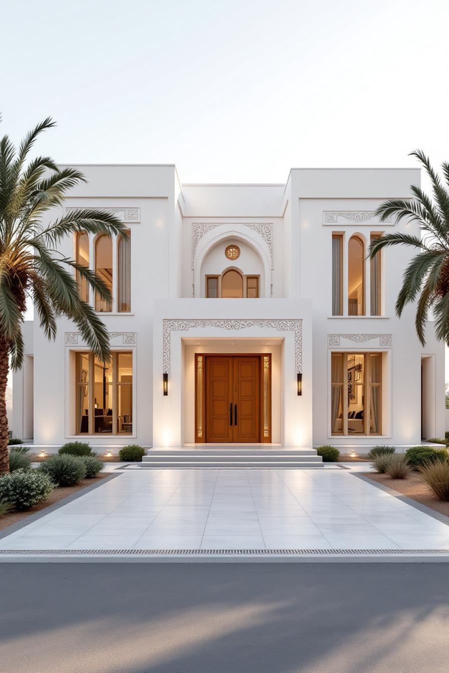 Elegant white house with arched windows and grand entrance