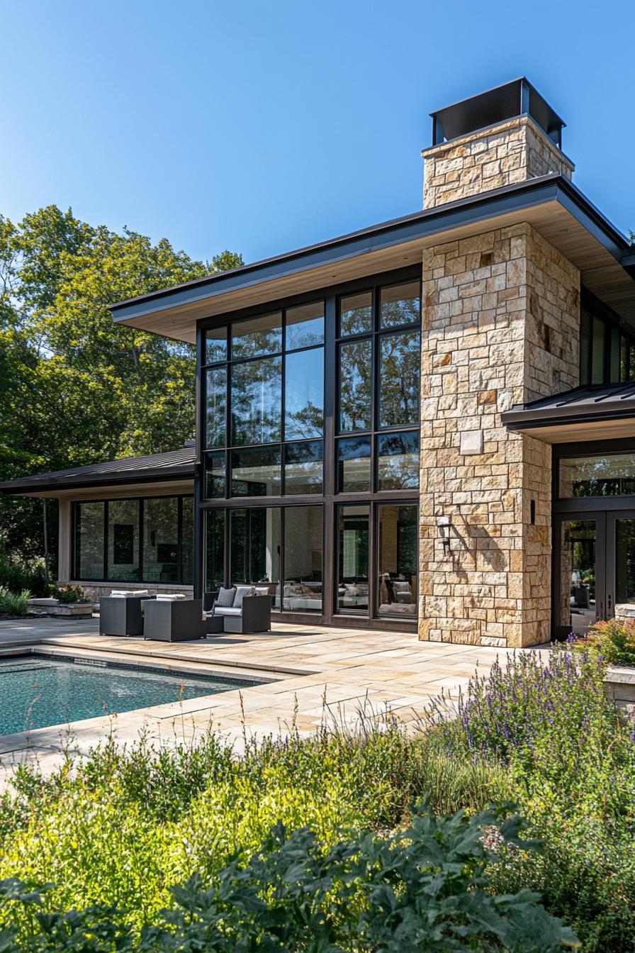 Modern house with large glass windows and a pool