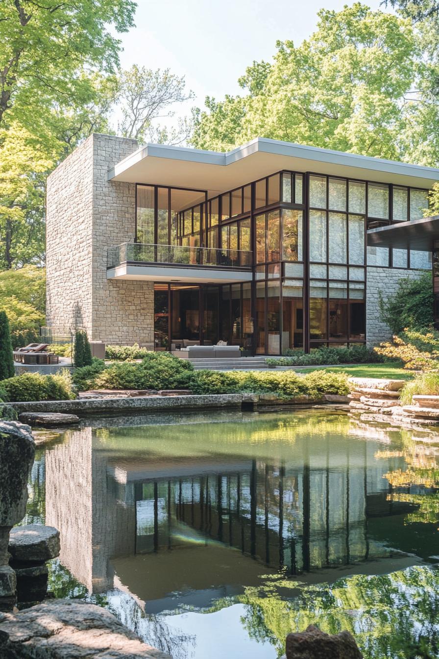 Modern house reflecting on a tranquil pond