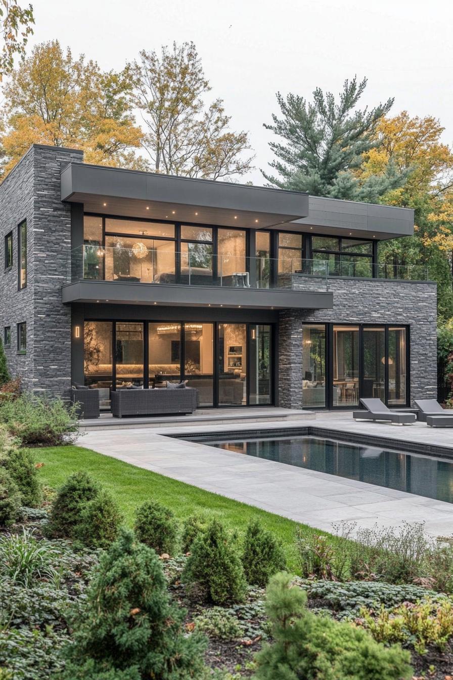 Modern architecture with stone facade and pool