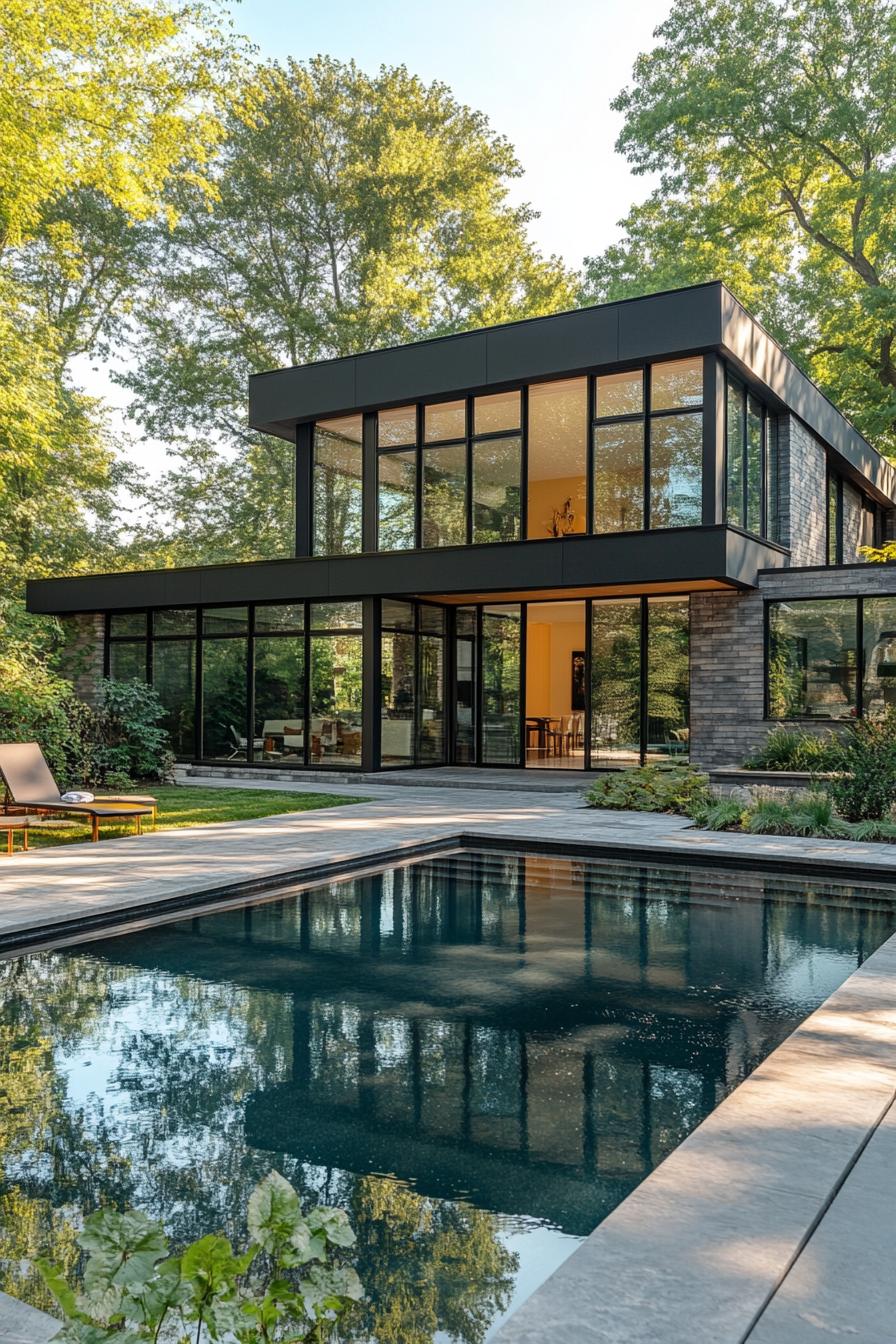 Modern house with a pool and large windows surrounded by trees