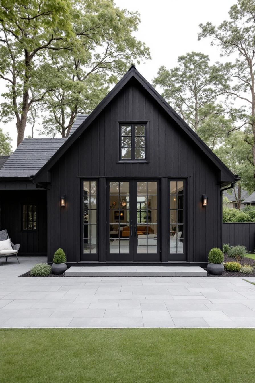 A sleek black house with a gabled roof surrounded by trees