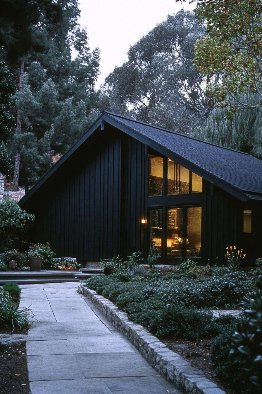 A modern black house amidst lush greenery