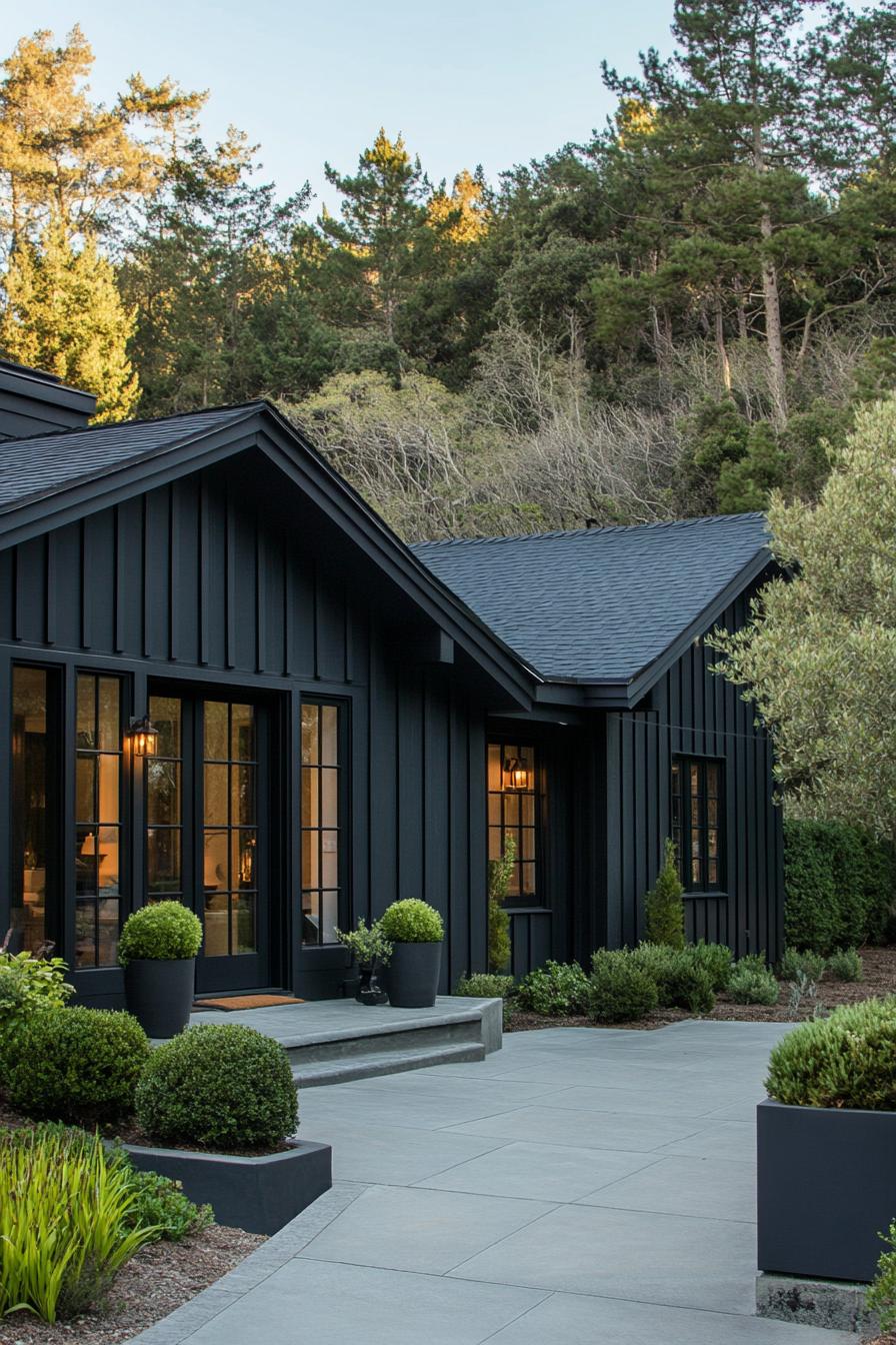 Sleek black house with greenery around