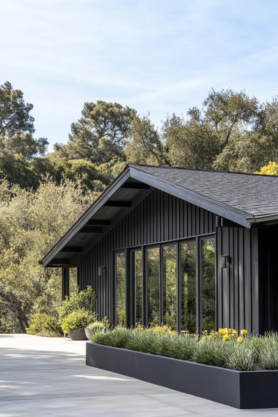 Sleek black house with large windows in lush surroundings