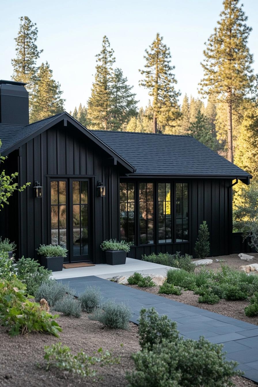 Black house with lush garden and tall trees