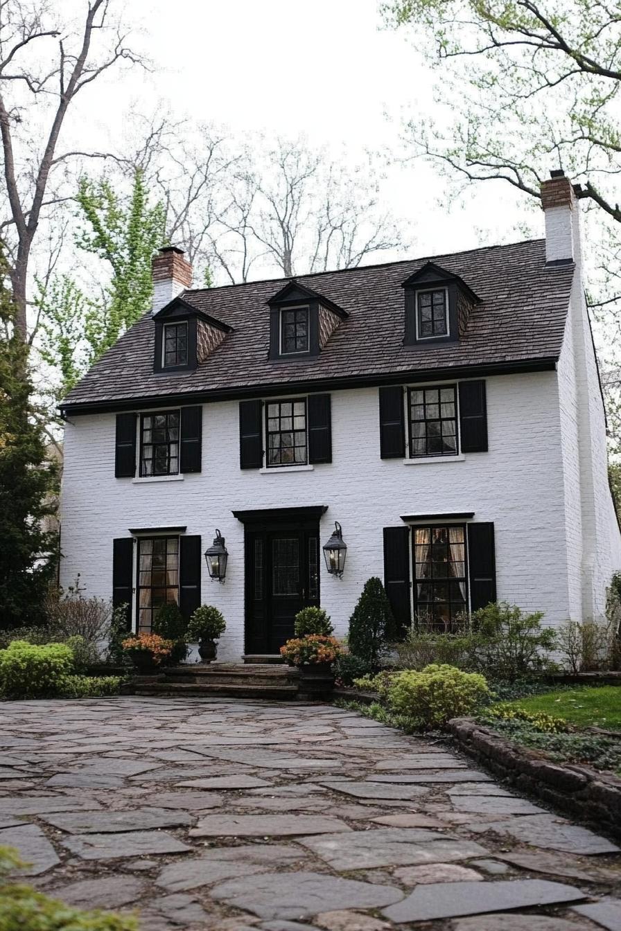 White brick house with black shutters and stone pathway