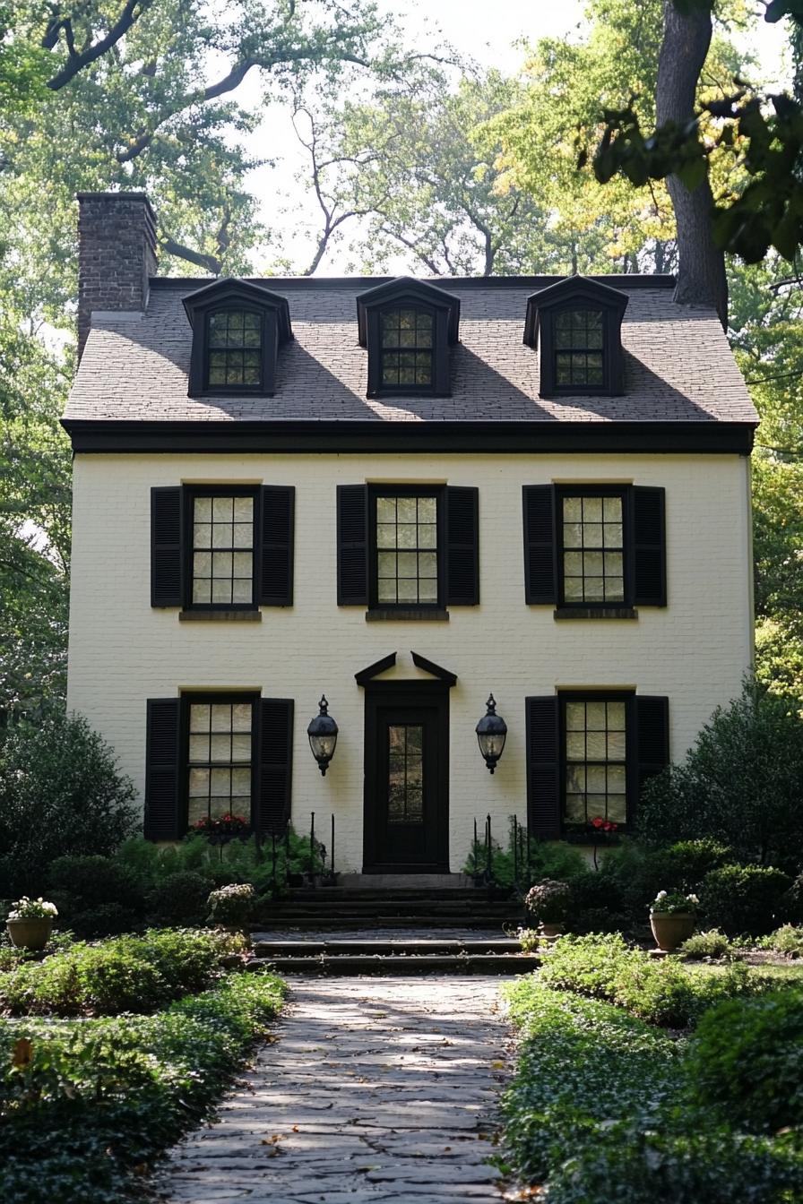 Charming brick home with black shutters and tall trees