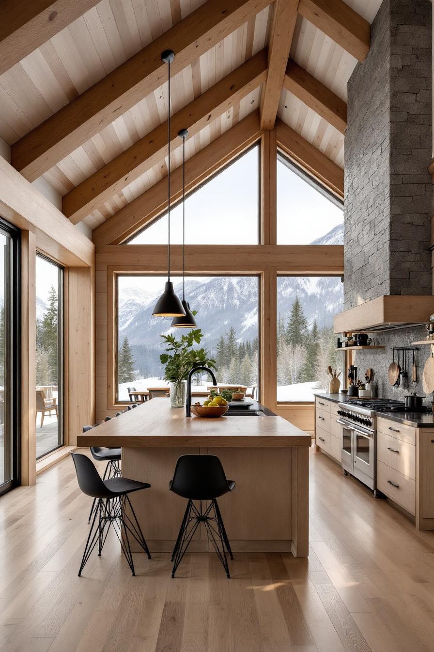 Sleek kitchen with mountain view in a modern cabin