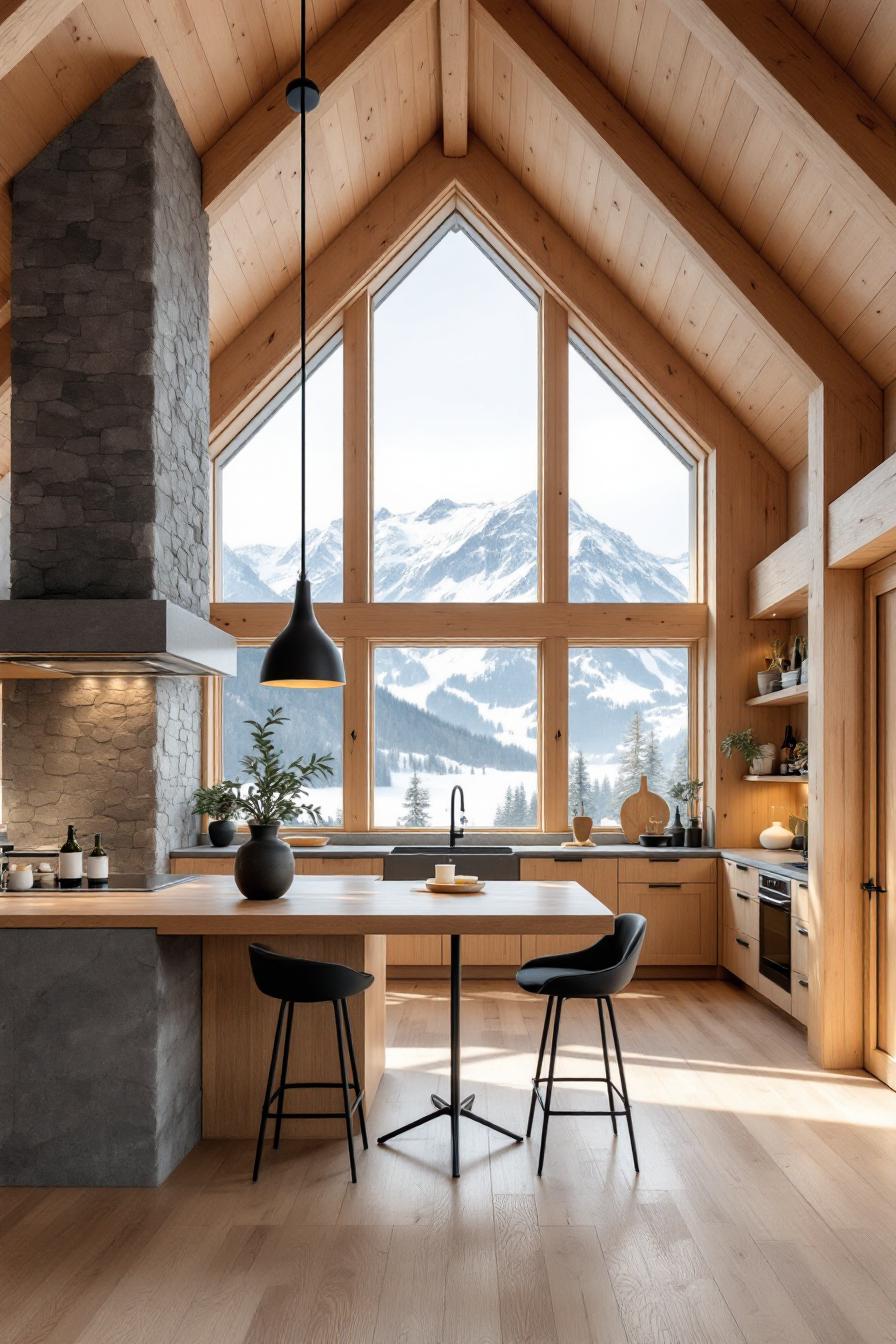 Modern cabin interior with large windows and snowy mountain view