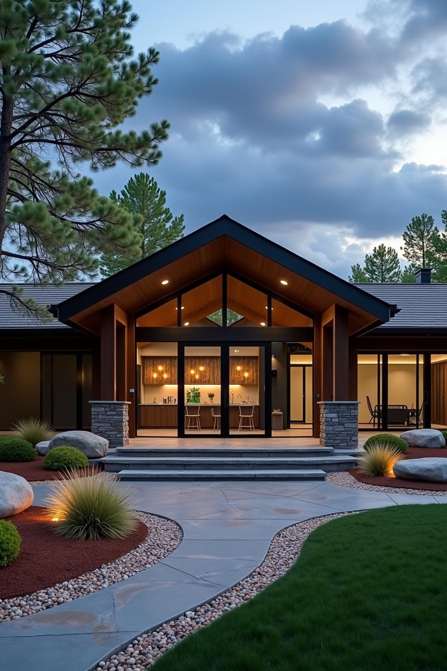 Modern ranch-style house with illuminated entrance