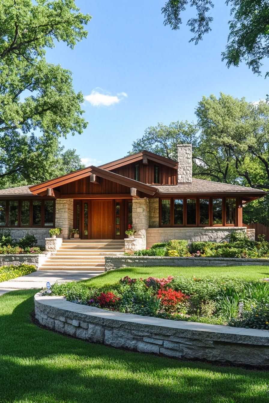 Modern craftsman house surrounded by lush greenery and flowers