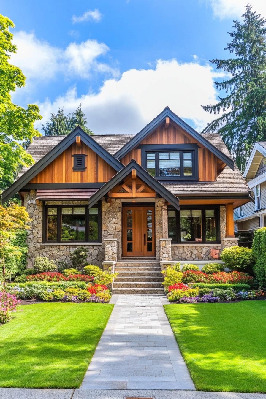 Modern craftsman house with stone facade and lush garden