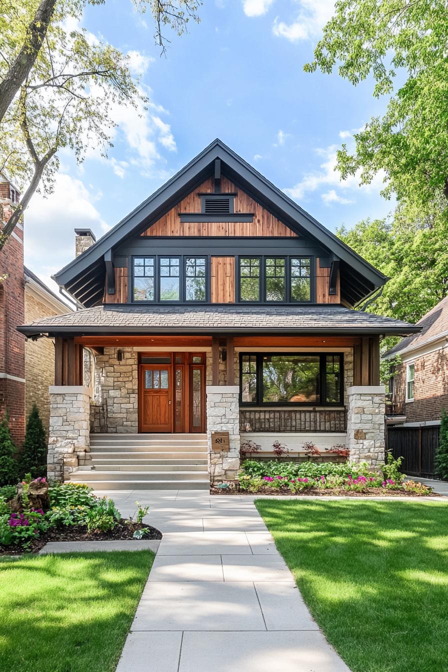 Elegant exterior of a modern craftsman house with lush green lawn