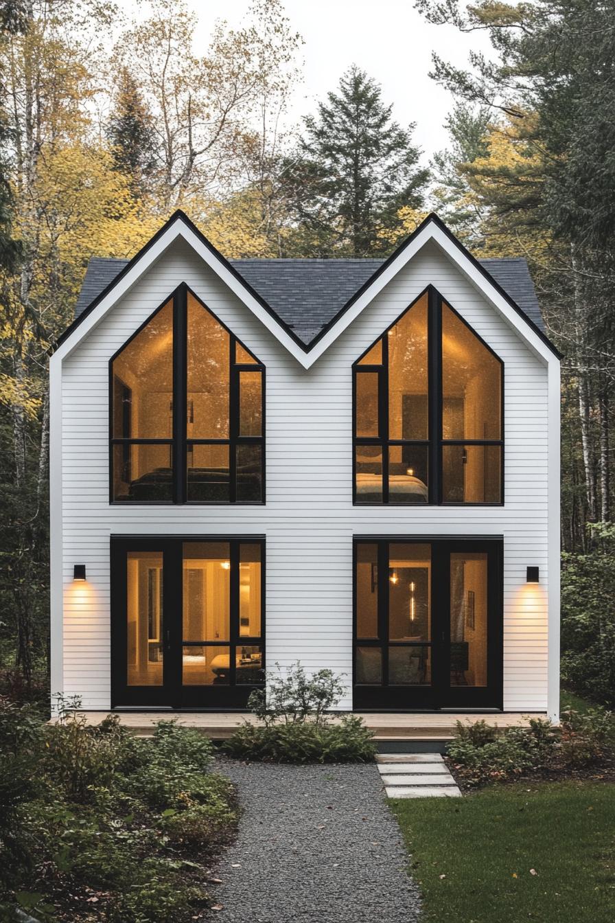 Modern white duplex with large windows in a forested setting