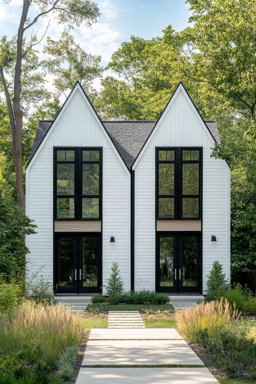 Modern white duplex with tall windows among greenery