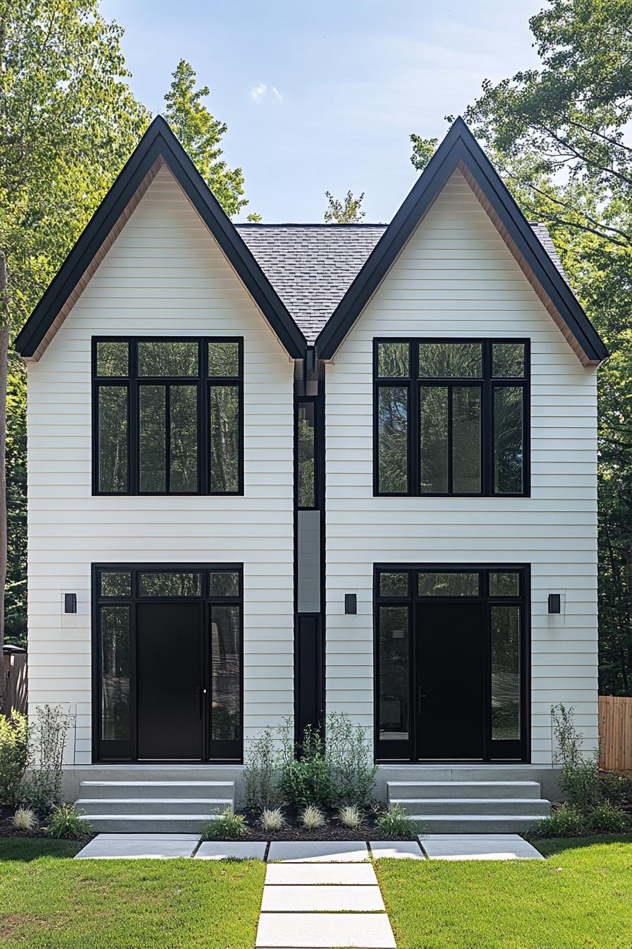 Modern white duplex with large black-framed windows and sharp twin gables