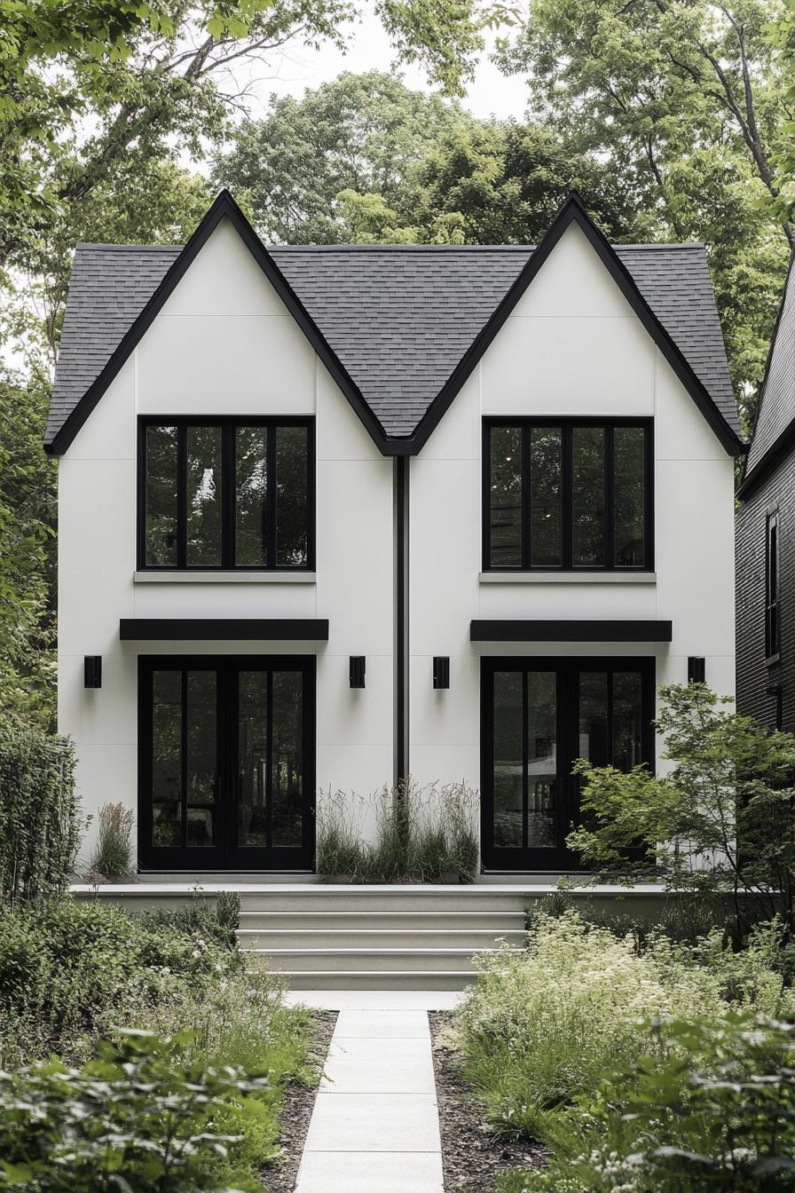 Symmetrical white duplex with gabled roof, surrounded by greenery