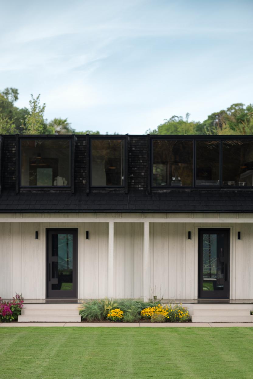 A modern duplex with large windows and a lawn