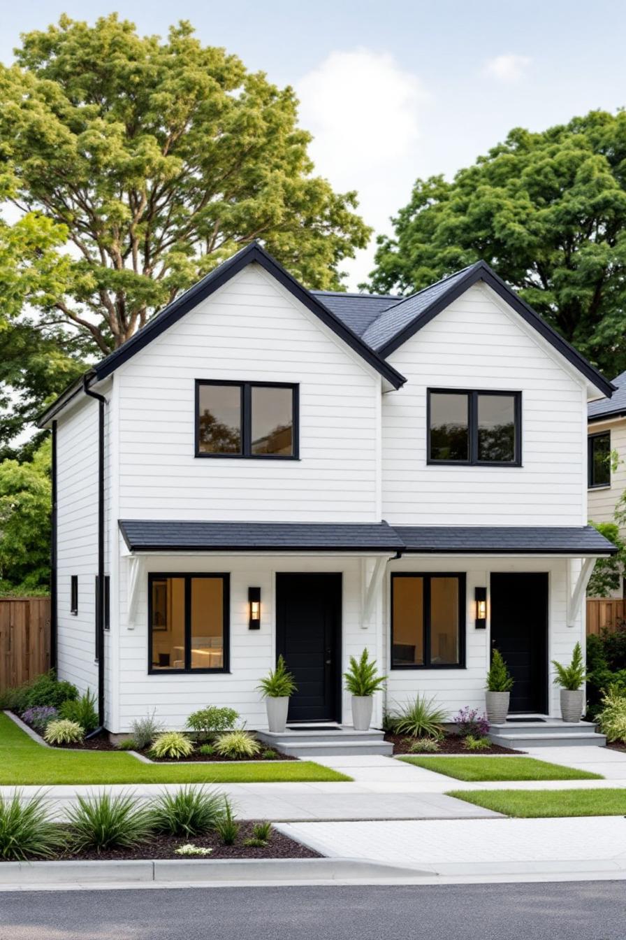 White duplex house with black doors and windows, surrounded by greenery