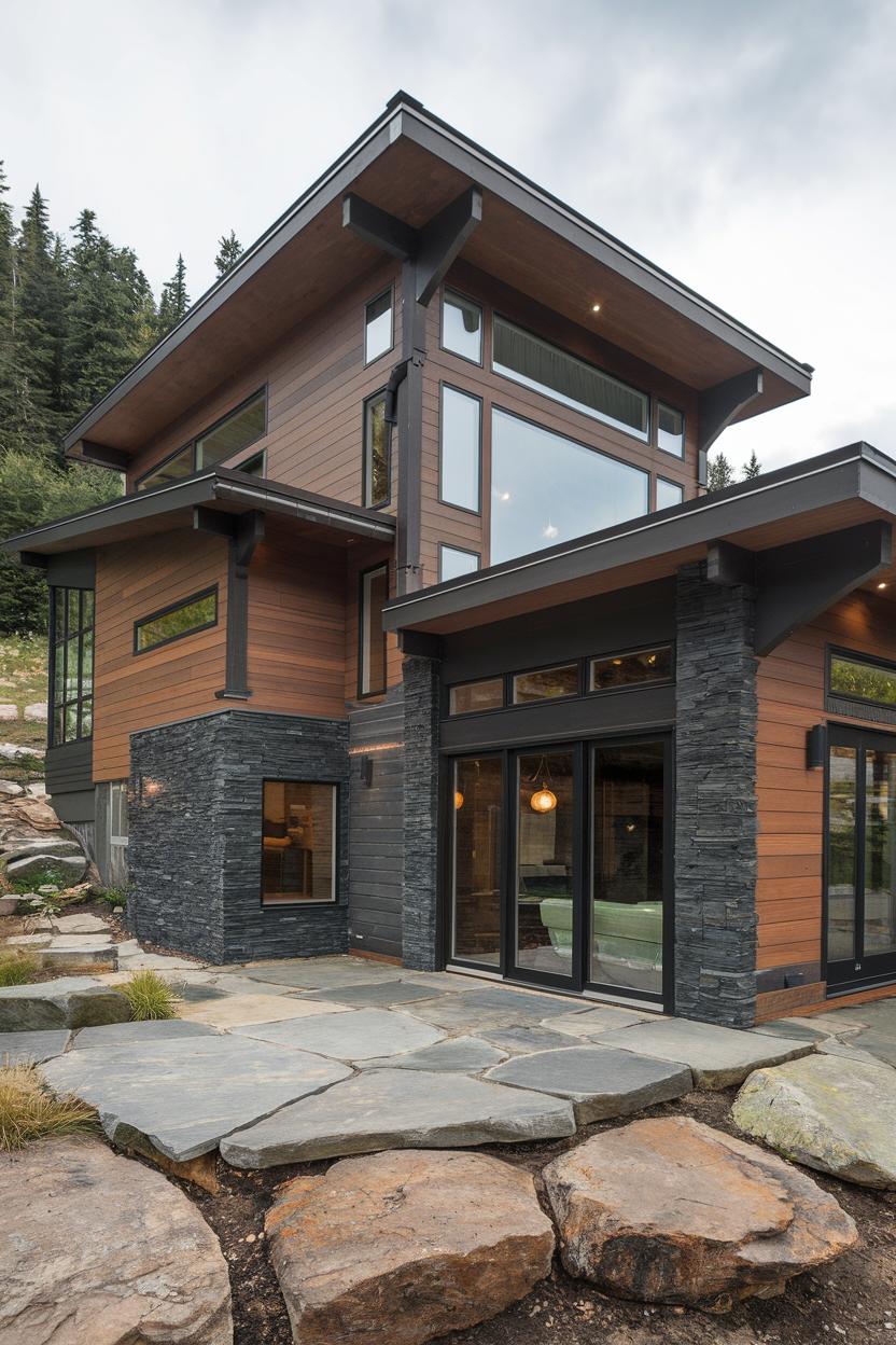 Modern mountain cabin with stone and wood design