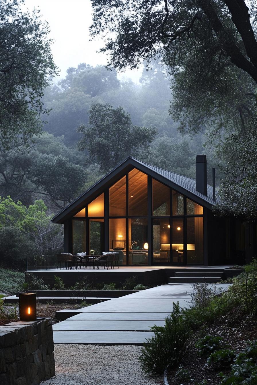 Modern cabin with large glass facade set in a misty forest