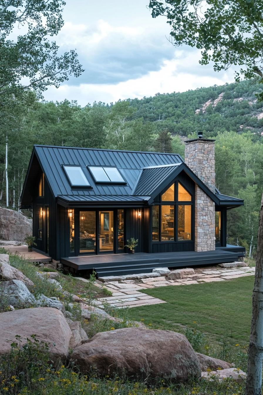 A modern cabin with large windows and stone chimney surrounded by trees